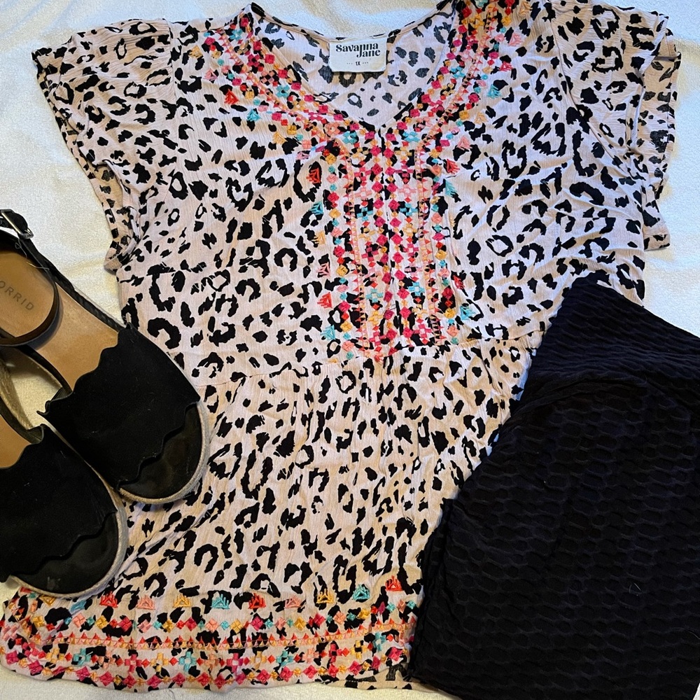 Savanna Jane Leopard Aztec Embroidered Top